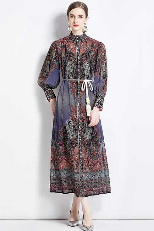 Eye-Catching French Court Style Elegant Floral Printed Dress with Puff Sleeve Party, Wedding Guest, Festive Long Maxi Dress